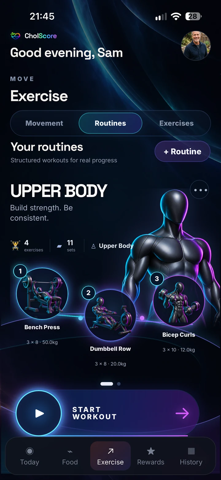 Exercise 2.0 Upper Body routine with bench press, dumbbell row and bicep curls