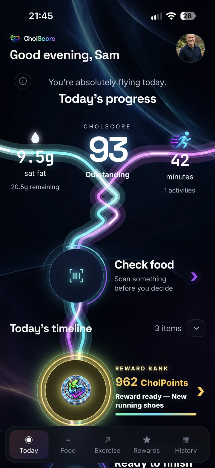 CholScore Today screen showing a CholScore of 93